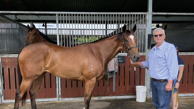 Qld cattle property baron Alan Acton and two-year-old Tony Gollan-trained filly Honey Pot. Picture: Supplied