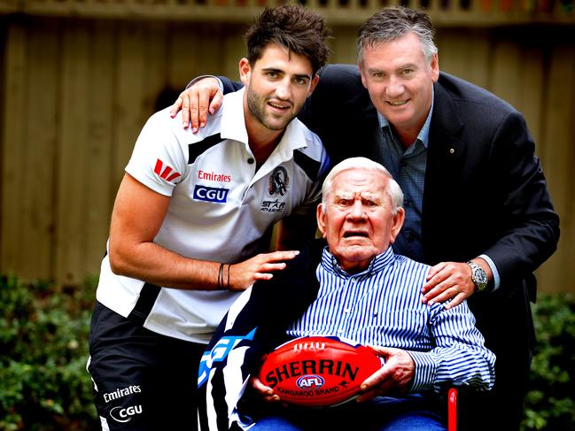 Lou Richards, celebrates his 90th birthday with (left) Alex Fasolo and Eddie McGuire