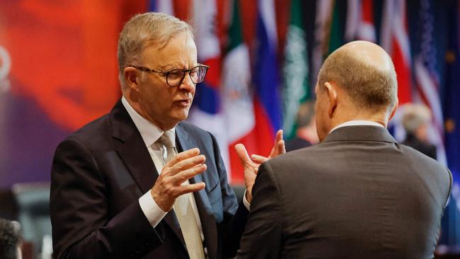 Anthony Albanese and German Chancellor Olaf Scholz speak at the G20 Summit in Bali last November. They are due to meet again on Monday. Picture: Willy Kurniawan/Pool/AFP