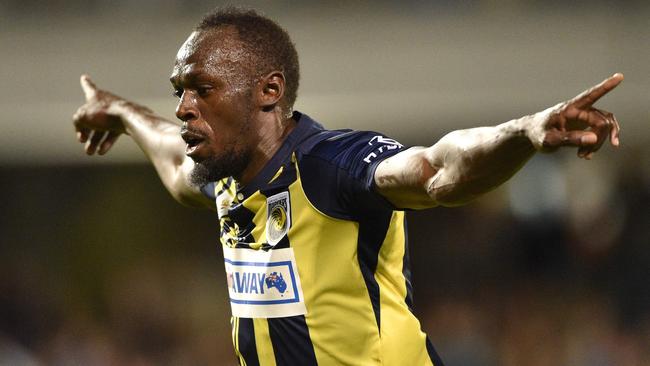 Usain Bolt did show signs of improvement in his second and final trial match with the Mariners, in which he scored twice. Picture: AFP