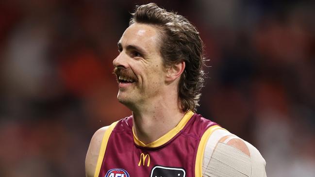 SYDNEY, AUSTRALIA - SEPTEMBER 14:  Joe Daniher of the Lions celebrates kicking his last goal during the AFL First Semi Final match between GWS Giants and Brisbane Lions at ENGIE Stadium, on September 14, 2024, in Sydney, Australia. (Photo by Matt King/AFL Photos/via Getty Images)