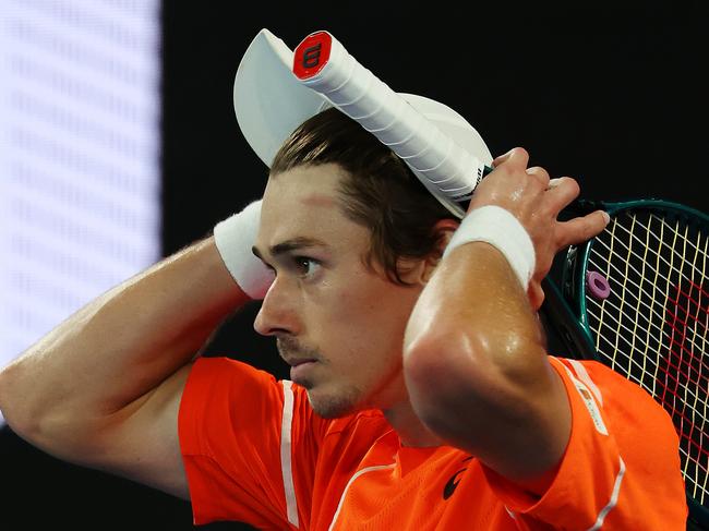 MELBOURNE, JANUARY 21, 2024: 2024 Australian Open Tennis – Alex de Minaur reacts against Andrey Rublev during their fourth round singles match on Rod Laver Arena. Picture: Mark Stewart