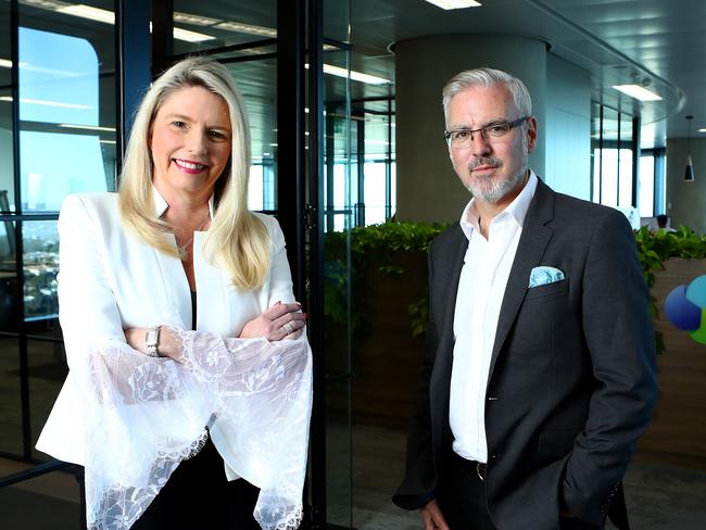 1/04/2019: (L-R) State Street's head of SPDR ETFs, Australia and Singapore Meaghan Victor and CEO of Investment Trends Michael Blomfield at their Barangaroo headquarters on Monday. Hollie Adams/The Australian