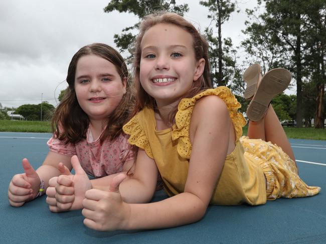 Stephanie Topp, 7, and Mya Ellwell, 8, will be getting their first Covid vaccines next week. Picture: Annette Dew