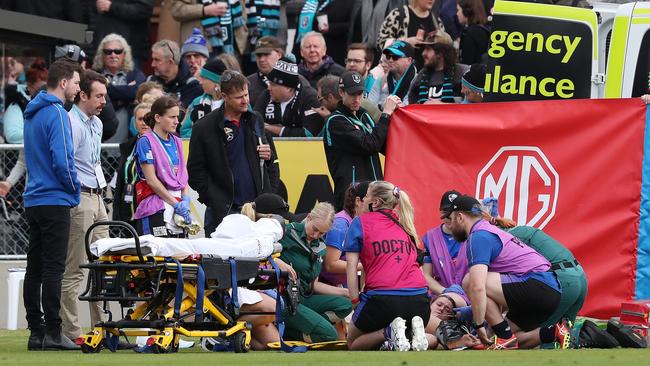 Britney Gutknecht broke her fibula and tibia last week. Picture: Sarah Reed/AFL Photos via Getty Images