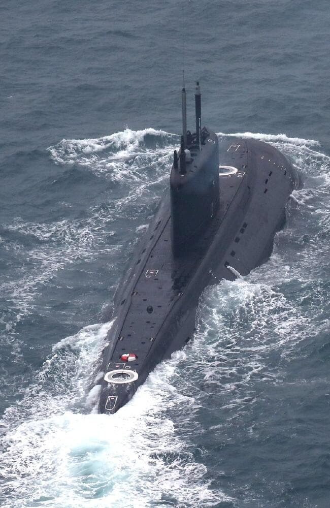 A view, taken by a Royal Navy helicopter, of an Improved Kilo-class submarine as it moved through the English Channel. Picture: Royal Navy