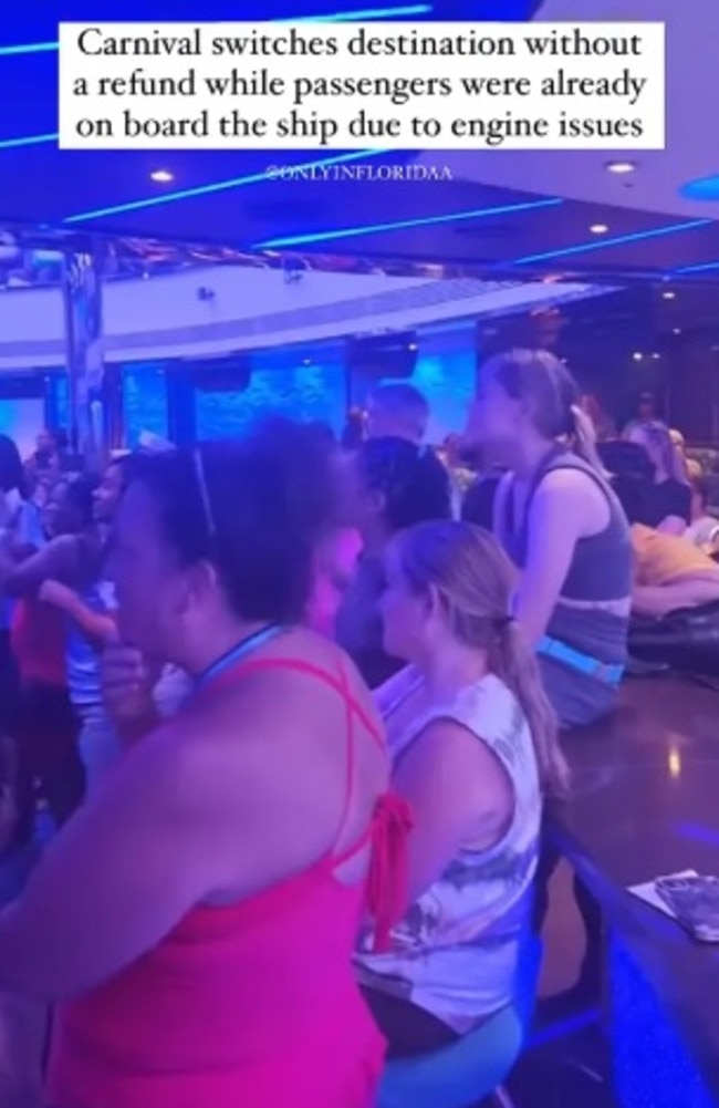 Mayhem broke out aboard a Carnival cruise when enraged vacationers were told they wouldn’t be voyaging to the expected Caribbean getaway because of an engine problem. Picture: Instagram/onlyinfloridaa