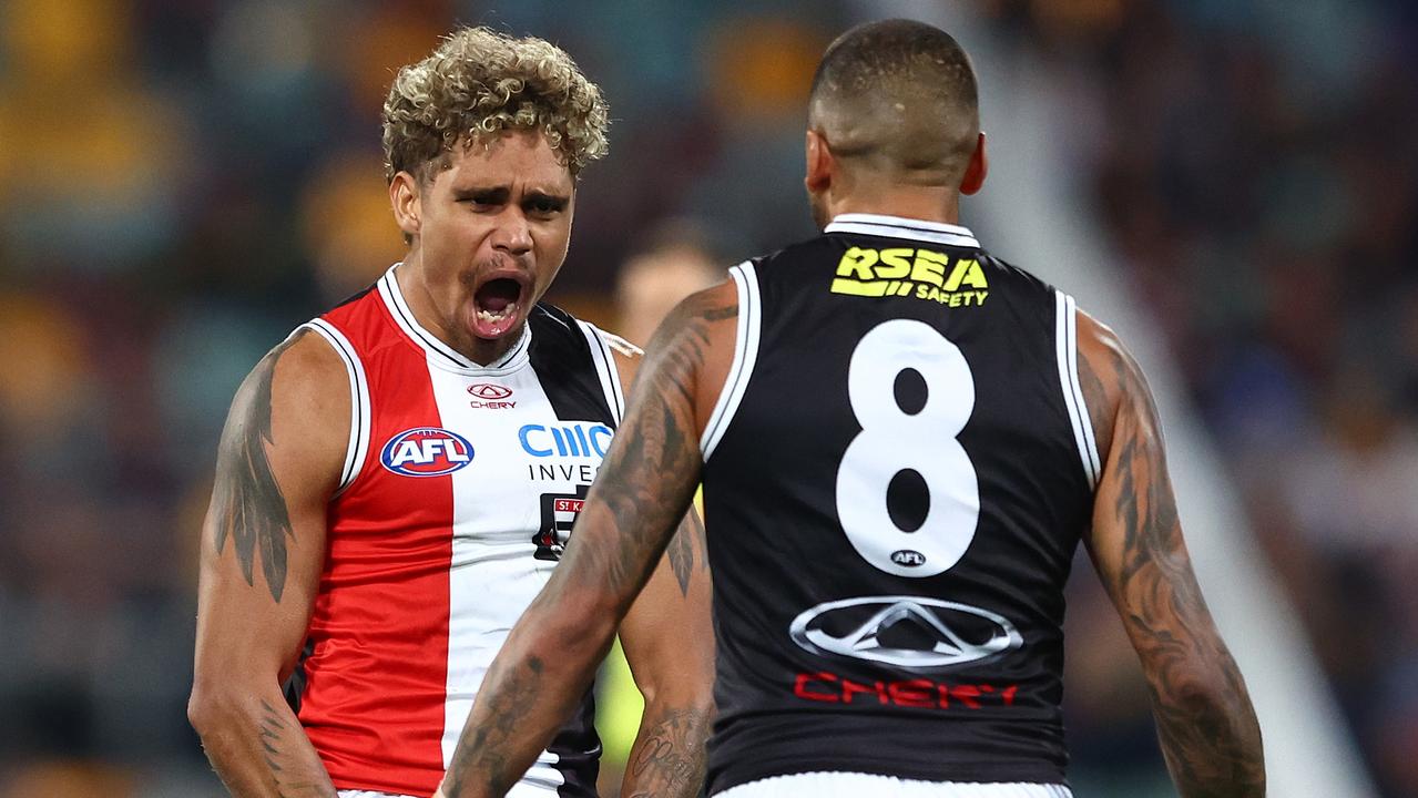 Liam Henry (left) celebrates a goal with Brad Hill during St Kilda’s 20-point loss to Brisbane before its round 15 bye. Picture: Chris Hyde / Getty Images