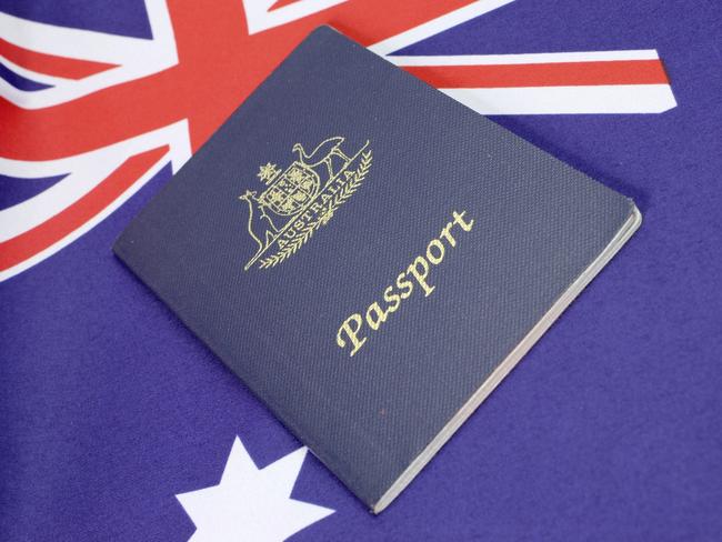 Close up of Australian flag with travel passport