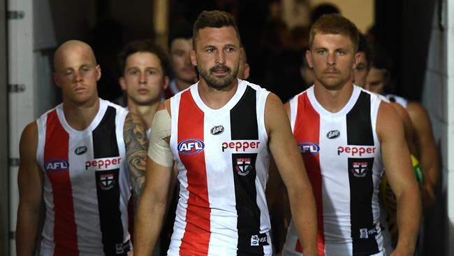 Jarryn Geary leading the Saints out for finals in 2020. Picture: Getty Images