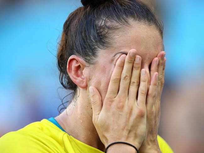 GOLD COAST, AUSTRALIA - APRIL 15:  Alicia Quirk of Australia shows her emotion after the Women's Gold Medal Rugby Sevens Match between Australia and New Zealand on day 11 of the Gold Coast 2018 Commonwealth Games at Robina Stadium on April 15, 2018 on the Gold Coast, Australia.  (Photo by Mark Kolbe/Getty Images)