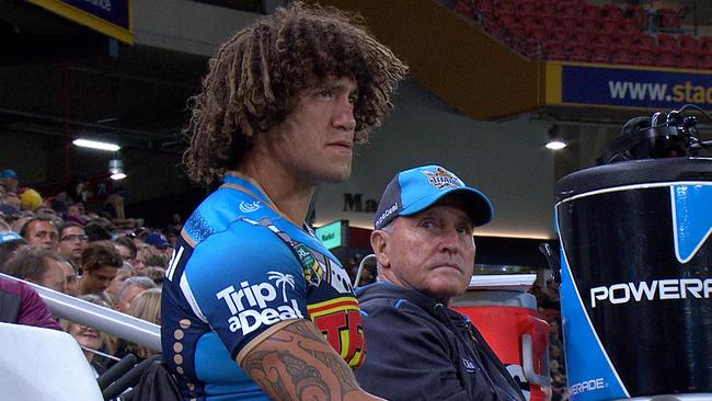 An emotional Kevin Proctor sits on the sidelines after a tackle which injured his groin.