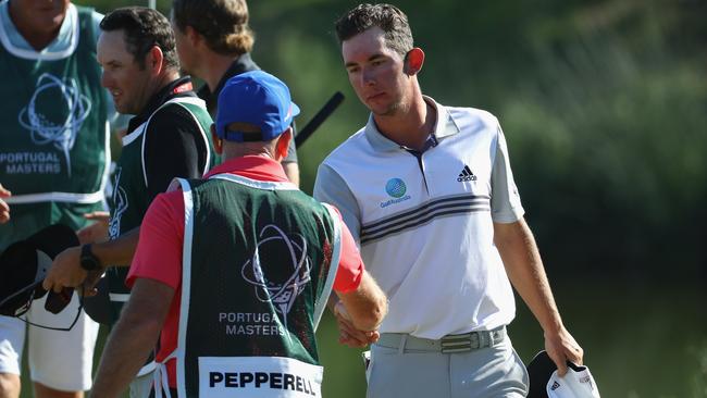 Lucas Herbert shakes hands after the third round of the Portugal Masters.