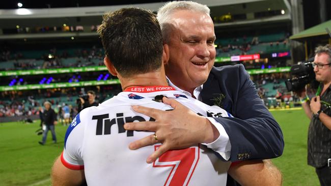 Ben Hunt and Dragons coach Anthony Griffin. Picture: NRL Photos