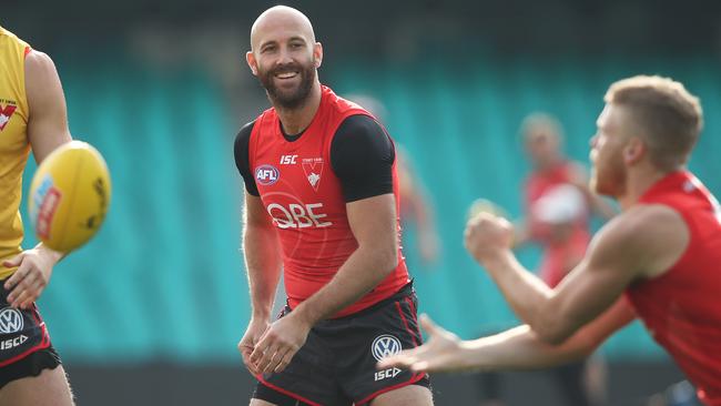 Jarrad McVeigh has a laugh at Sydney training. Picture: Phil Hillyard