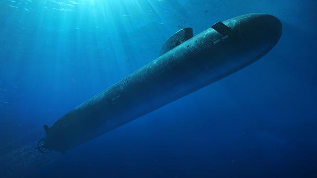 An artist's impression of the future SSN-AUKUS nuclear-powered submarine to be built in Australia using a hybrid UK and US design – should it materialise. Picture: Defence