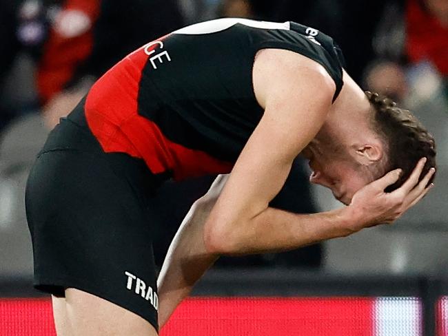 MELBOURNE, AUSTRALIA - JULY 27: Nik Cox of the Bombers looks dejected after a loss during the 2024 AFL Round 20 match between the St Kilda Saints and the Essendon Bombers at Marvel Stadium on July 27, 2024 in Melbourne, Australia. (Photo by Michael Willson/AFL Photos via Getty Images)