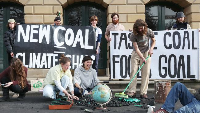 Members of Grassroots Action Network Tasmania out the front of parliament house in Hobart in response to a planned coal mine near Fingal.  Picture: Nikki Davis-Jones