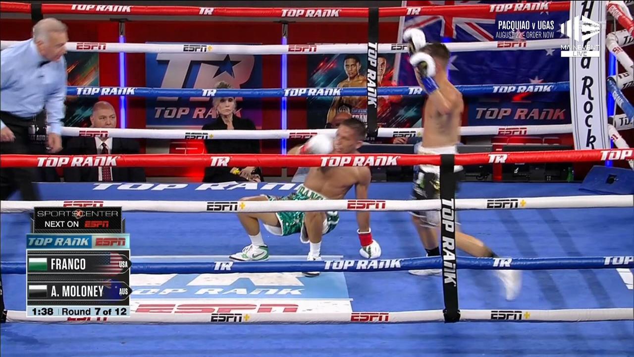 Australia's Andrew Moloney appeared to knock down Joshua Franco in their world title rematch – but it was correctly later overruled as a slip.