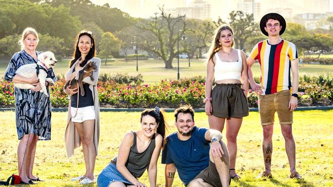 Carlen Andersen with Sadie the dog, Michelle Stevensen with Bay the cat, Nick Leigh, Lauren Leigh, Estelle Sherman and Jack Maloney. Picture: Richard Walker