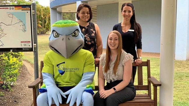 WELCOMING STUDENTS: Mel Nunn, Alanna Johnstone,  CQUniversity Mascot Birdy and Mollie Marano are all excited to welcome the new cohort to CQUniversity Bundaberg this week. Picture: Geordi Offord