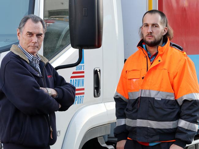 DAILY TELEGRAPH - Pictured is Allan Thornley at his trucking company in Wetherill Park today with driver Austin Bidal-Cocker. Allan now pays more for tolls than it costs for a drivers wage to get deliveries from Eastern Creek to the Northern Beaches. Picture: Tim Hunter.