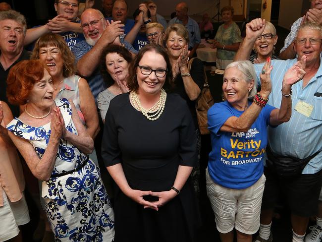 Election Night Gold Coast . Broadwater LNP member Verity Barton is congratulated at her post election party at Labrador Tigers AFL Club. Picture Glenn Hampson