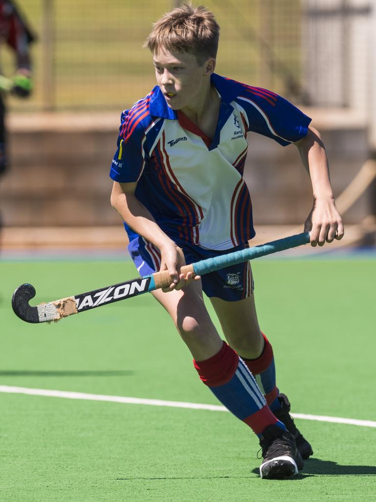 Kai Hill looks to gain possession for Rangeville against Past High in J1 boys Toowoomba Hockey Association grand final at Clyde Park, Saturday, September 11, 2021. Picture: Kevin Farmer