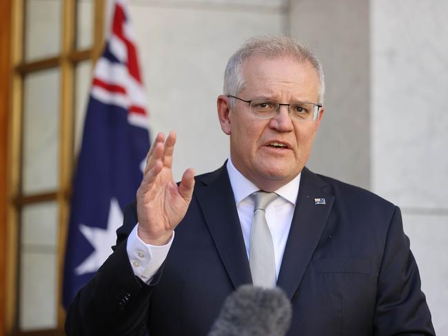 Prime Minister Scott Morrison praised the escalation of the nation’s rollout. Picture: NCA NewsWire/Gary Ramage