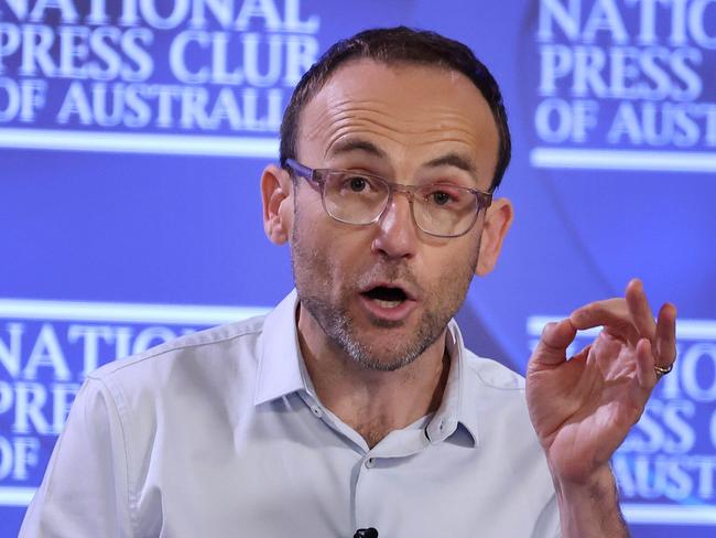 Australian Greens leader Adam Bandt addresses the National Press Club in Canberra, Wednesday, April 13, 2022. (AAP Image/Gary Ramage) NO ARCHIVING