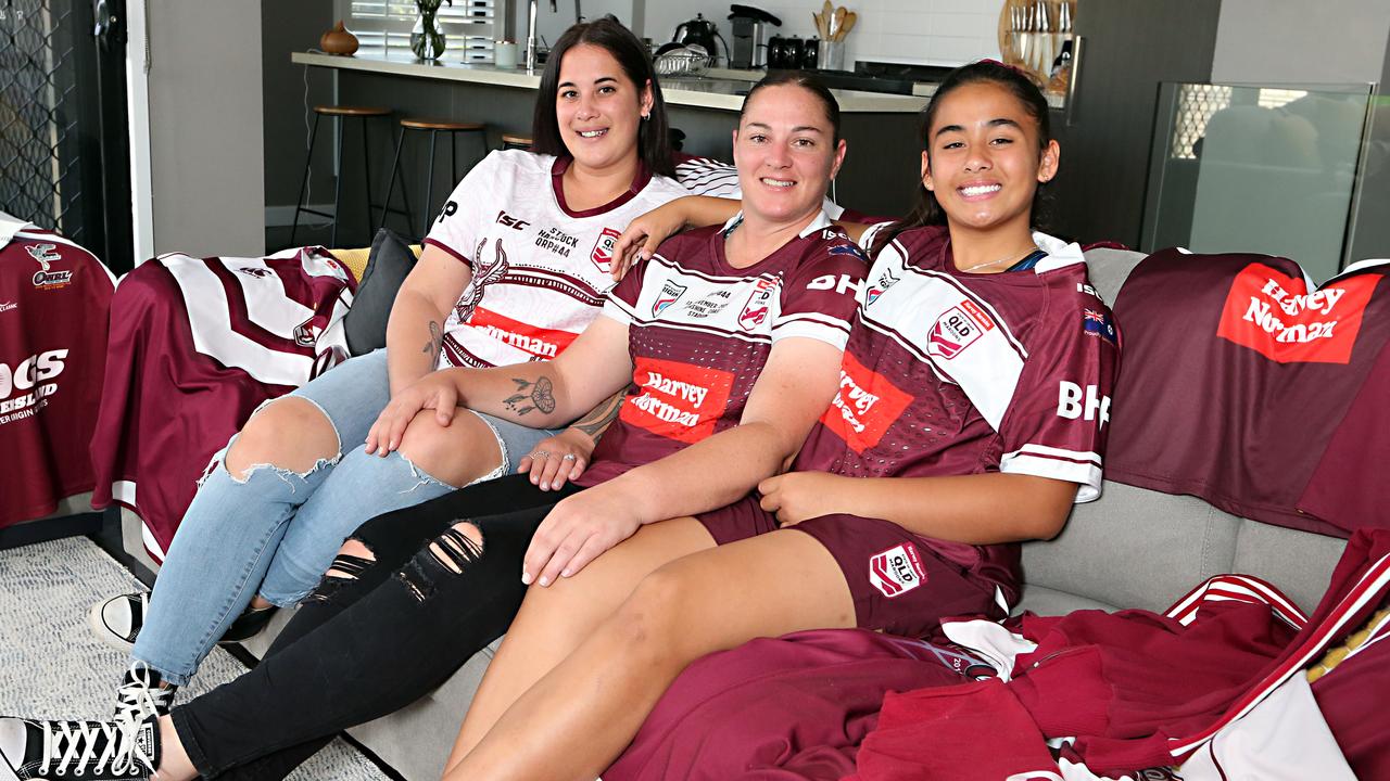 Retiring QLD women's forward Steph Hancock at home with fiancee Monique Lovett and their daughter Manaia Lovett, 12. Picture: Richard Gosling