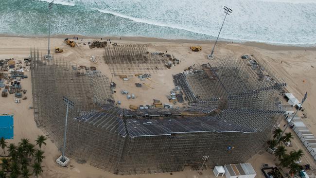 View of the construction site of the Olympic beach volleyball stadium for the Rio 2016 Olympics at Copacabana beach.