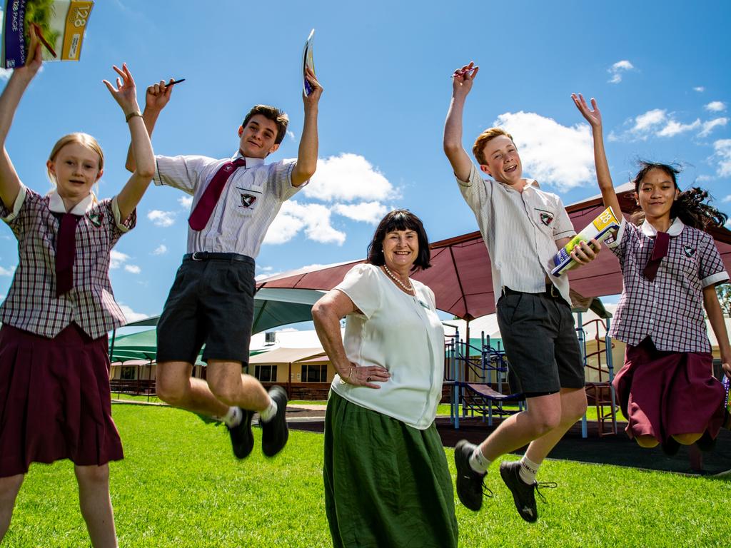 St Mary's Catholic College Year 10 students Hannah, Nick, Sidney and Mia celebrate the school’s top NAPLAN results with principal Carmel O'Brien. Picture: Dominic Elsome