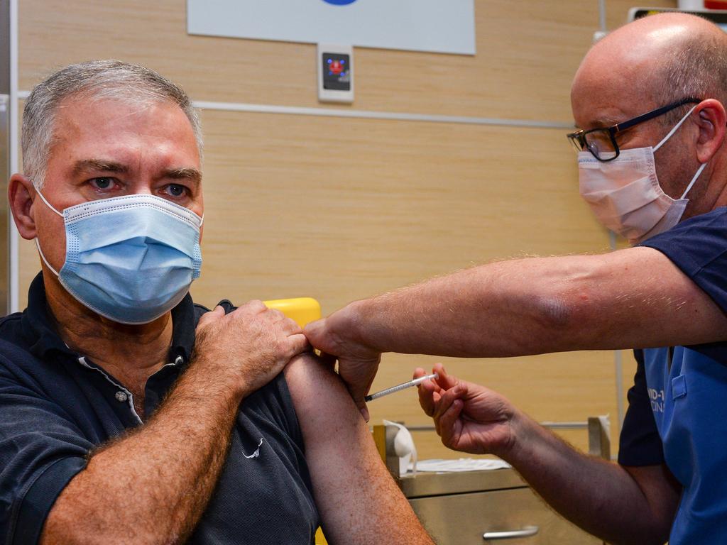 Health Minister Stephen Wade (pictured getting his first COVID-19 vaccination) said the amount of vaccines SA administered in the past 24 hours was ’well above’ its proportion of the national population. Picture: Brenton Edwards