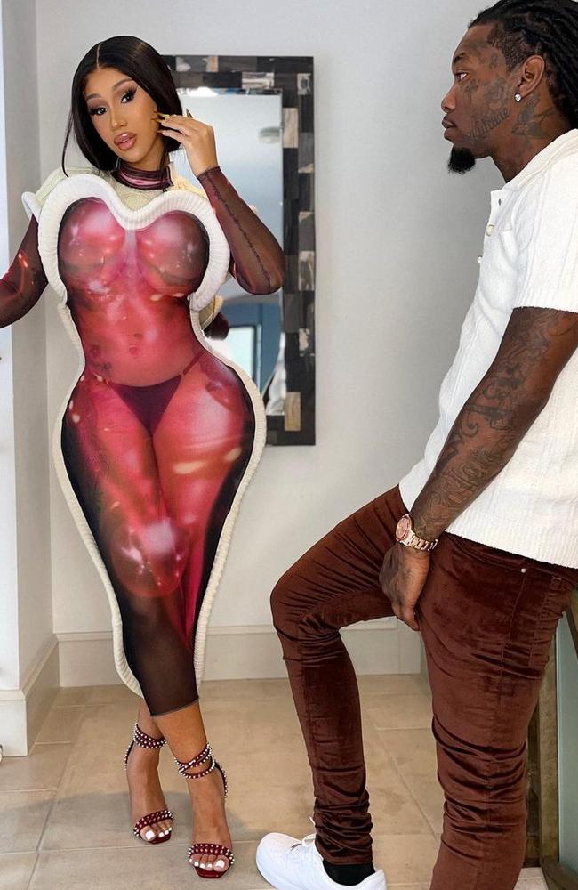 Cardi B modelling the unusual dress with her husband, Offset. Picture: Instagram/cardib