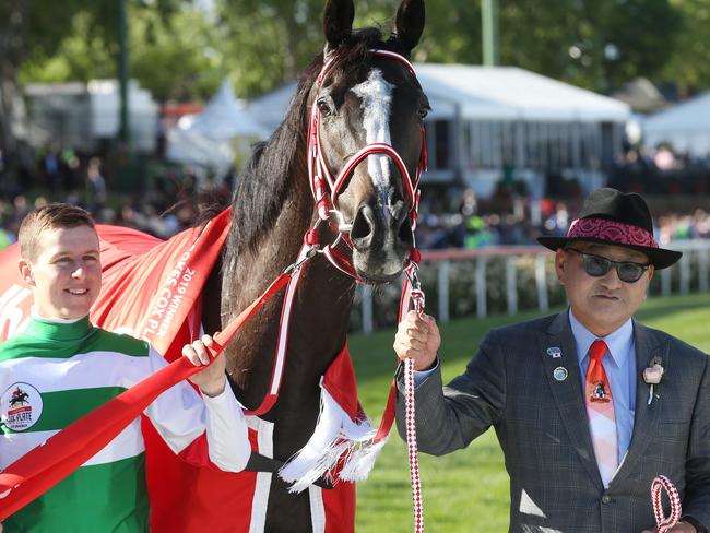 Damian Lane and trainer Yoshito Yahagi after winning the Cox Plate.