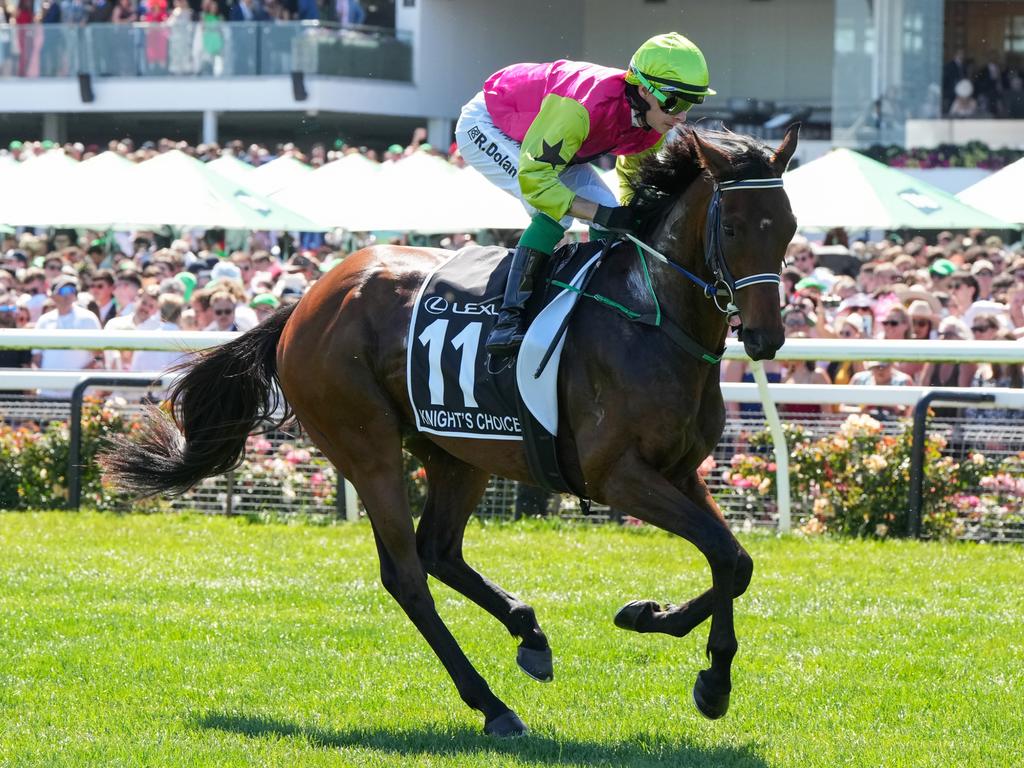 Knight's Choice, ridden by Robbie Dolan, won this year’s Melbourne Cup the same day Americans headed to the polls for the US presidential election. Picture: George Sal/Racing Photos via Getty Images)