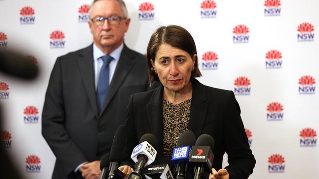 Gladys Berejiklian and Brad Hazzard speak to reporters. Picture: NCA NewsWire / Damian Shaw.