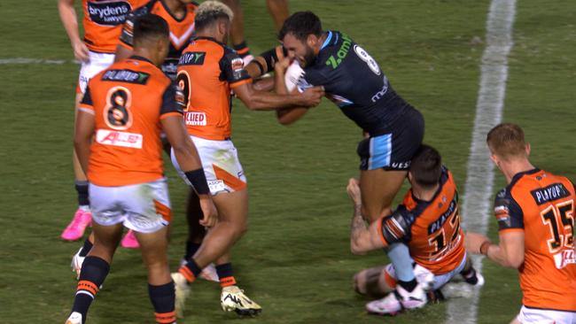 The tackle that injured Sharks prop Toby Rudolf.