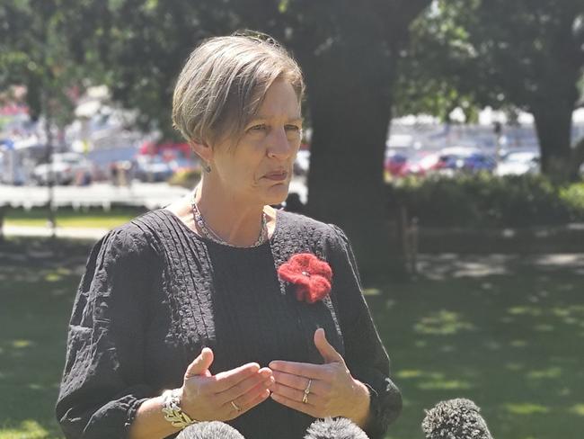 Greens MLC Cassy O'Connor speaks to the media on Parliament Lawns in Hobart on Monday November 11, 2024.