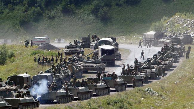 A column of Russian armoured vehicles rolls through Georgia in August 2008. Picture: AP