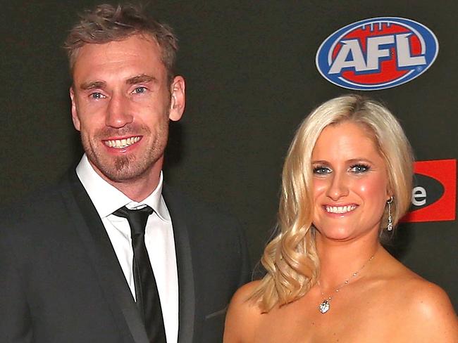 20 JULY 2020 - Former AFL footballer Shane Tuck has died at the age of 38. Tuck played 173 matches for the Richmond Tigers between 2004 and 2013. MELBOURNE, AUSTRALIA - SEPTEMBER 24: Shane Tuck of the Tigers and his wife Katherine Tuck pose ahead of the 2012 Brownlow Medal at Crown Palladium on September 24, 2012 in Melbourne, Australia.  (Photo by Quinn Rooney/Getty Images)