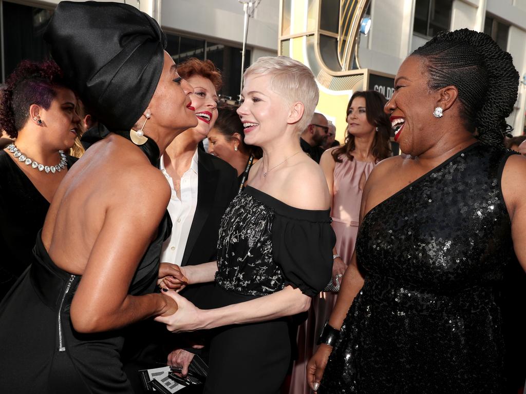 Tracee Ellis Ross, Susan Sarandon and Michelle Williams and activist Tarana Burke attend The 75th Annual Golden Globe Awards at The Beverly Hilton Hotel on January 7, 2018 in Beverly Hills, California. Picture: Getty