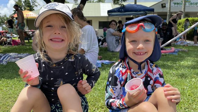 Olavi O'Connor and Henrik Rudnik loving the sunshine at Smithfield Marlin Coast Swimming Pool and Fitness Centre. Photo: Kristina Puljak