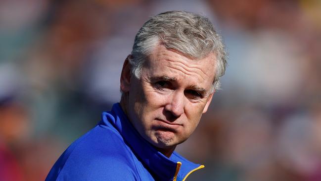 ADELAIDE, AUSTRALIA - APRIL 16: Adam Simpson, Senior Coach of the Eagles looks on during the 2023 AFL Round 05 match between the Geelong Cats and the West Coast Eagles at Adelaide Oval on April 16, 2023 in Adelaide, Australia. (Photo by Dylan Burns/AFL Photos via Getty Images)