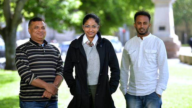 Migrants Muhammad Irfan from Pakistan, Natasha Gunesekera from Sri Lanka and Selim Osman from Eritrea are looking for work in Whyalla. Picture: Mark Brake