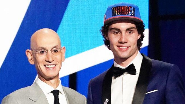 NBA Commissioner Adam Silver welcomes Aussie draftee Josh Giddey into the NBA at the 2021 Draft.