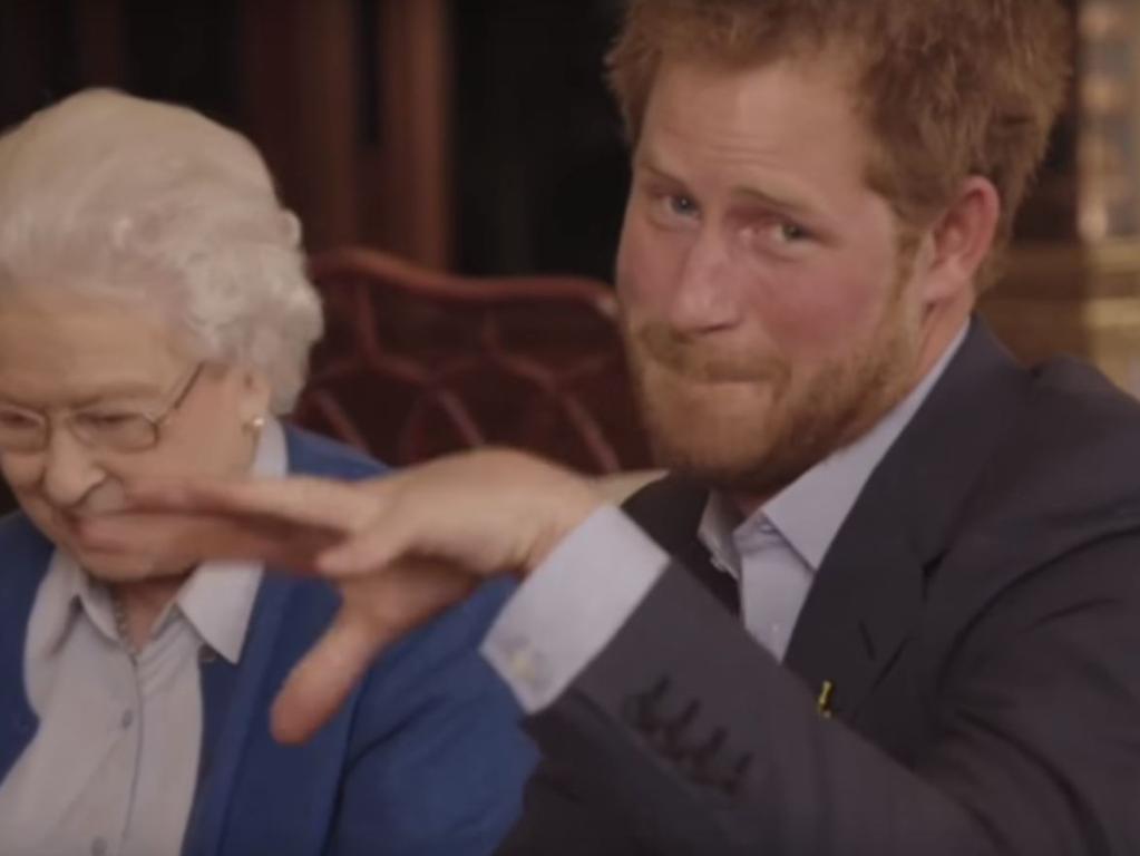 Harry dropping the ‘mic’ after roping in his grandmother to help with a spoof video aimed at the Obamas. Picture: YouTube