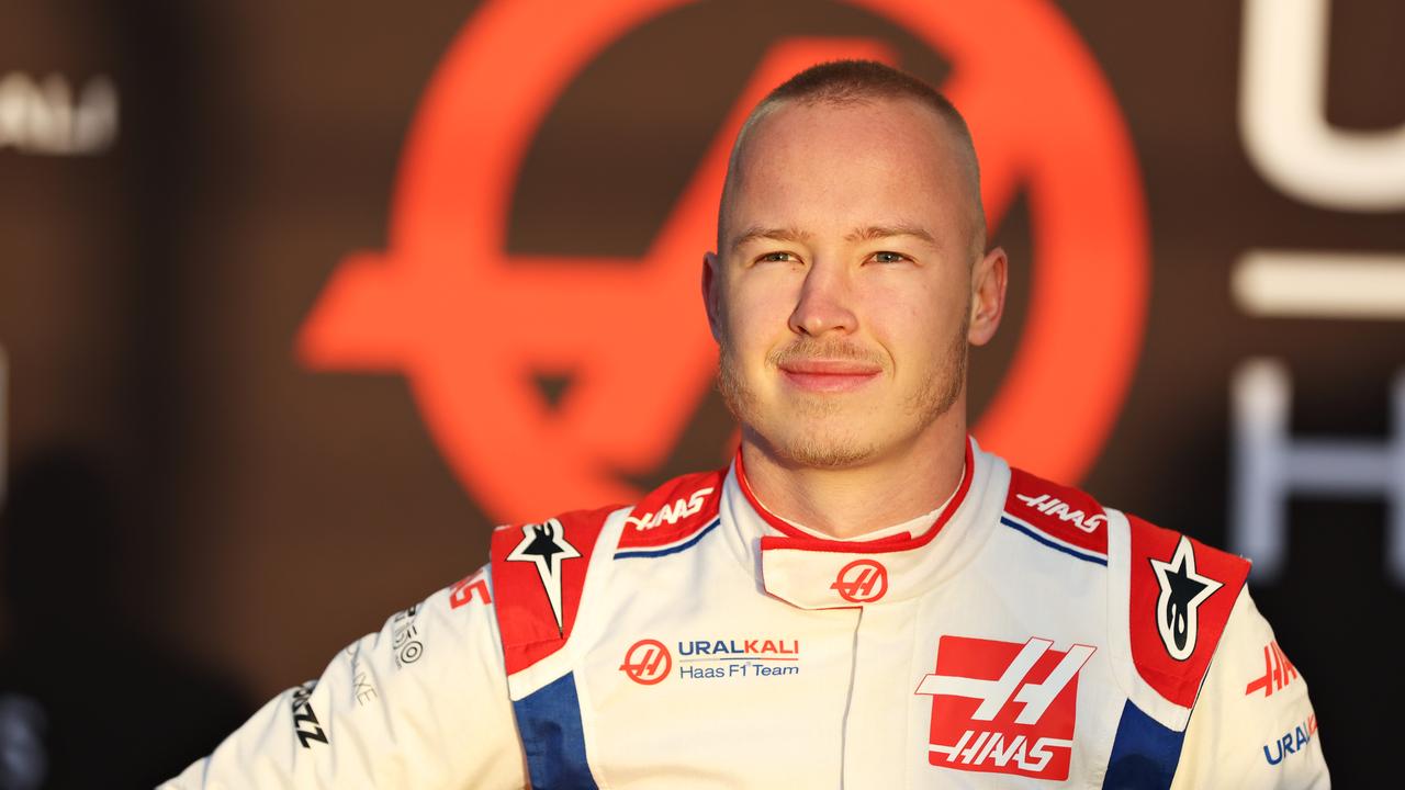 BARCELONA, SPAIN - FEBRUARY 23: Nikita Mazepin of Russia and Haas F1 unveils the Haas F1 VF-22 Ferrari during Day One of F1 Testing at Circuit de Barcelona-Catalunya on February 23, 2022 in Barcelona, Spain. (Photo by Mark Thompson/Getty Images)