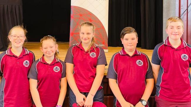 Nanango State School 2023 Leaders L-R: Teeghan Starkey (School Vice-Captain), Nevaeh Rabjohns (School Vice-Captain), Jessica Tranter (Student Council President), Hayden Sanford (School Captain) &amp; Elliott Black (School Captain).